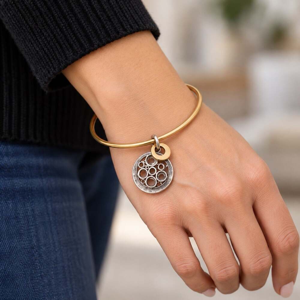 Rebecca Italy Two Tone Gold Silver Tone Bangle Bracelet Openwork Circle Charm